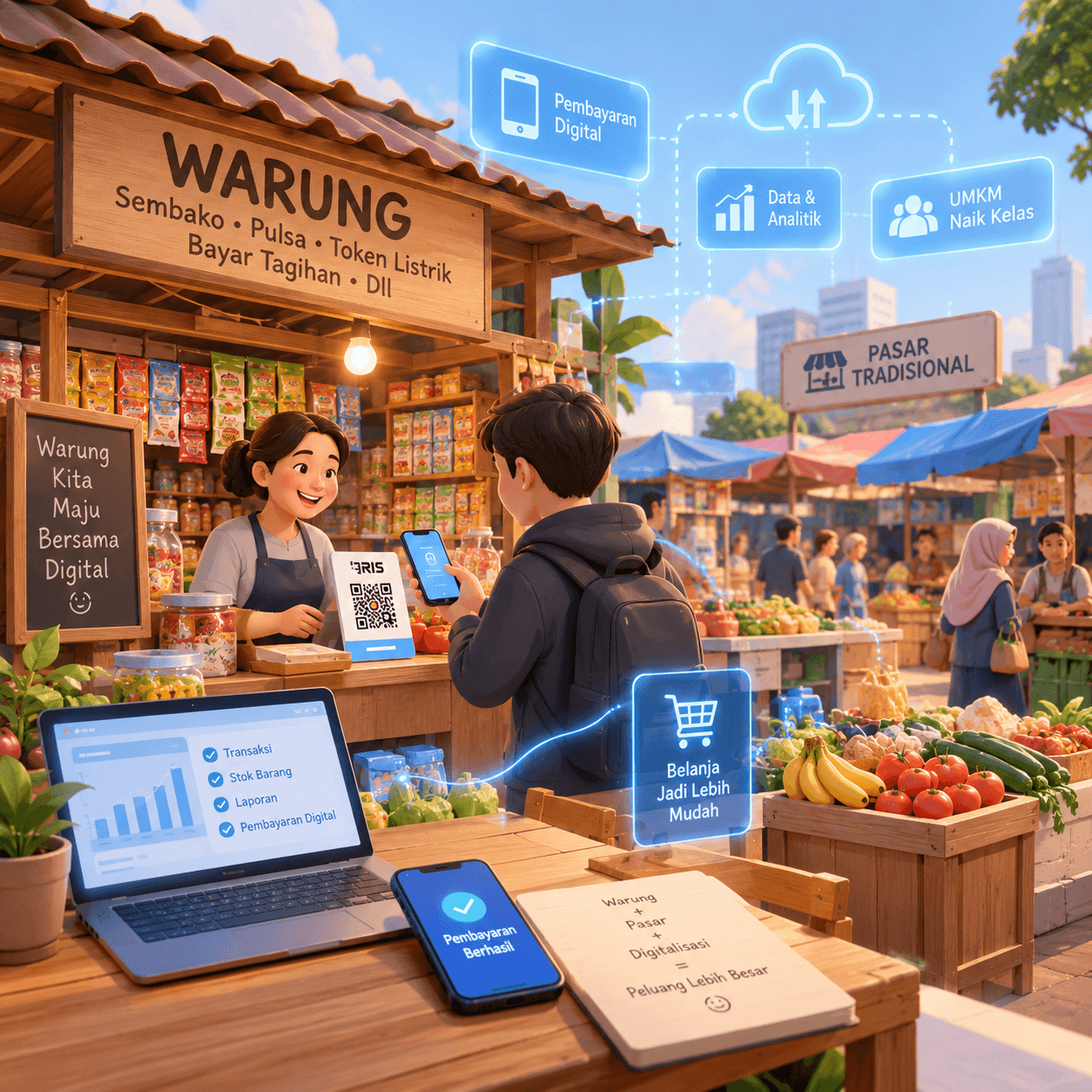 Ilustrasi warung dan pasar tradisional beralih ke pembayaran dan pencatatan digital